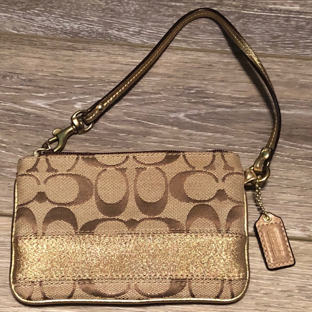 Gold/tan/brown coach glitter wristlet